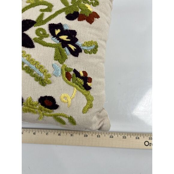 Floral Crewel Embroidery Needlepoint PILLOW Cottage Core Boho Beige Green Soft - Picture 4 of 4